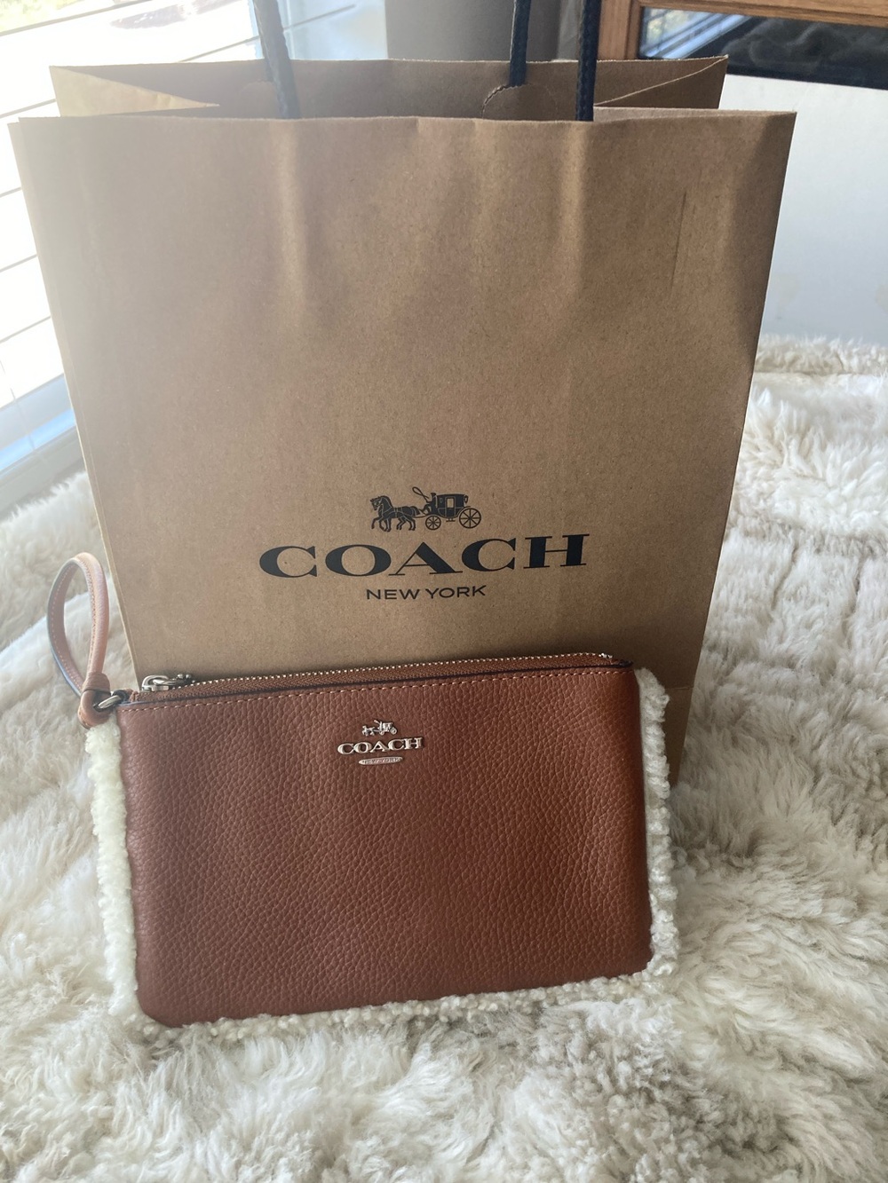 Coach Brown Pebbled Leather Wristlet with Shearling Trim